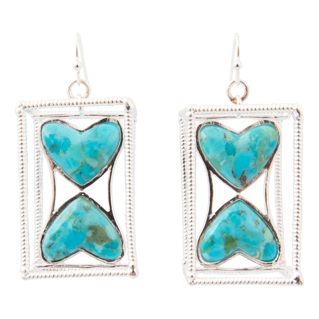 Blue Turquoise and Silver Caged Heart Dangle Earrings