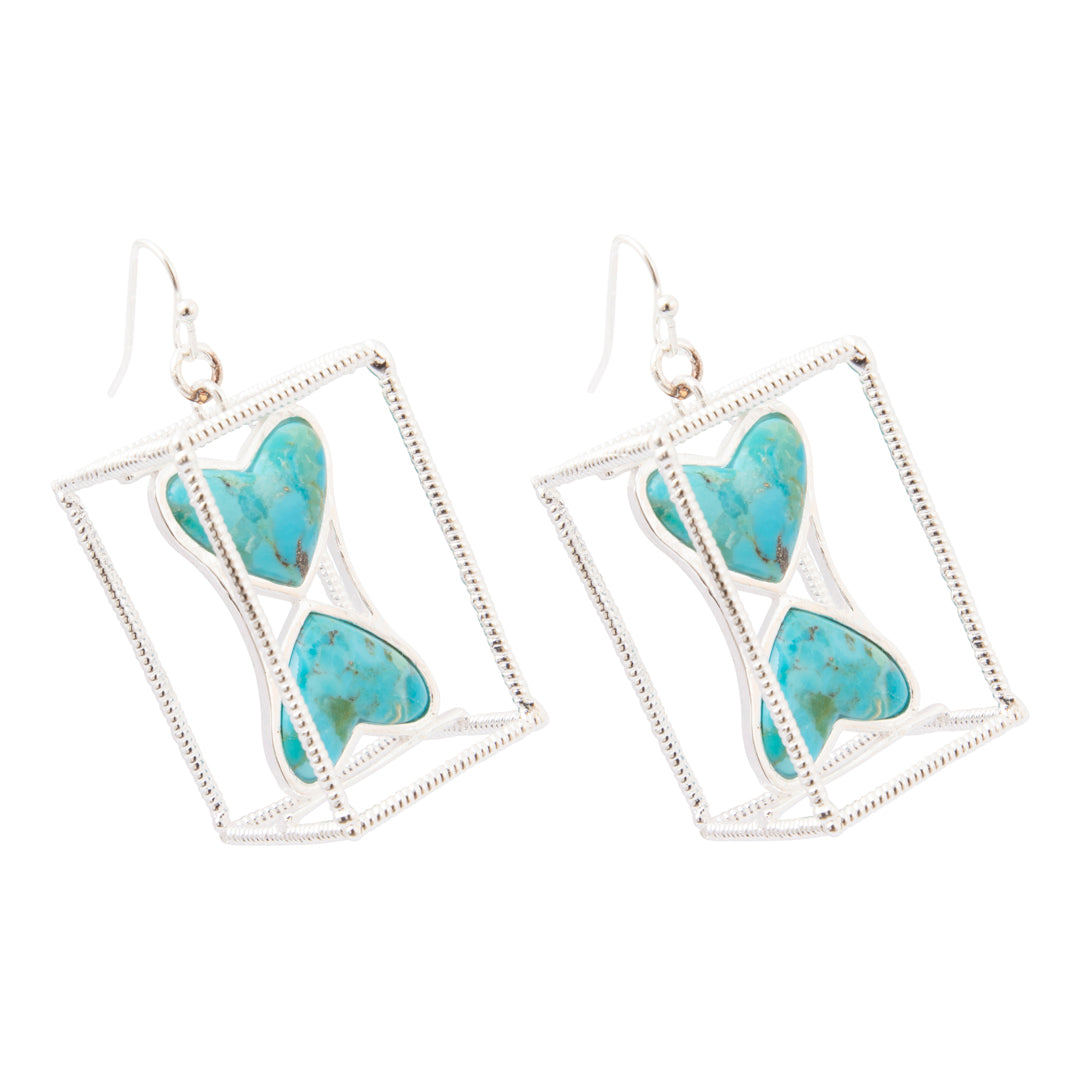 Blue Turquoise and Silver Caged Heart Dangle Earrings
