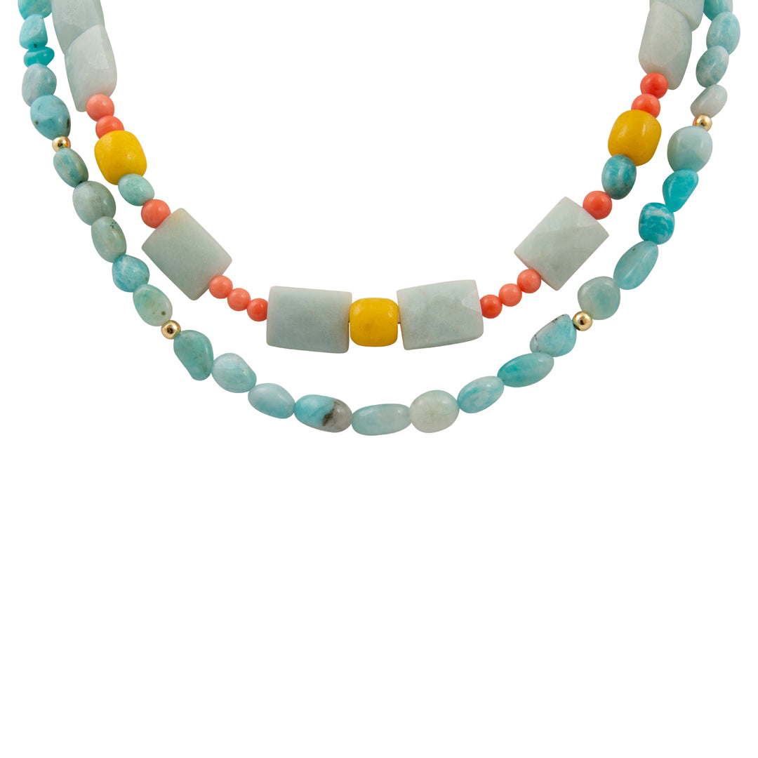 Multicolored beaded necklace on a white background