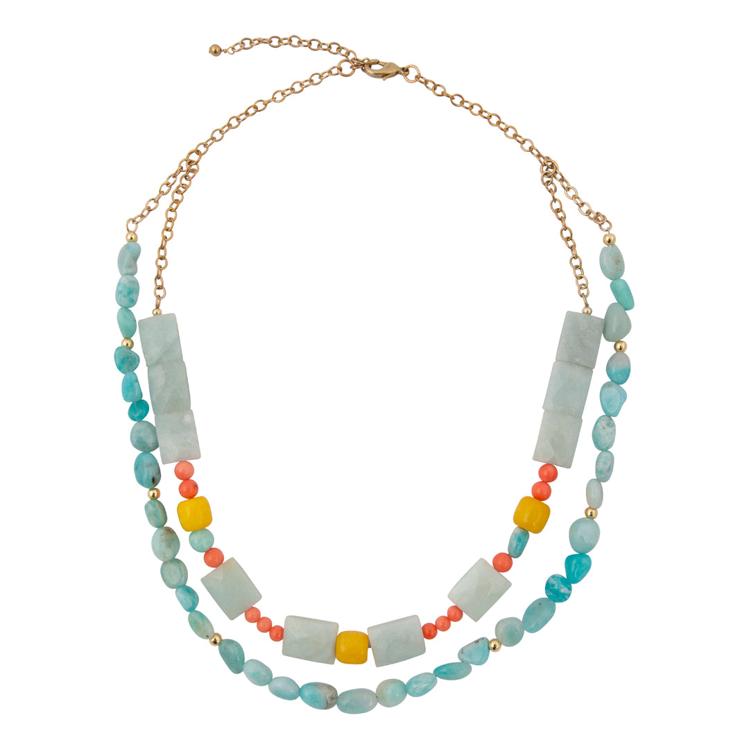 Necklace with multicolored beads on a white background