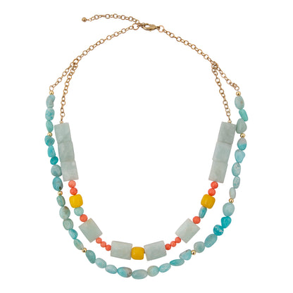 Necklace with multicolored beads on a white background