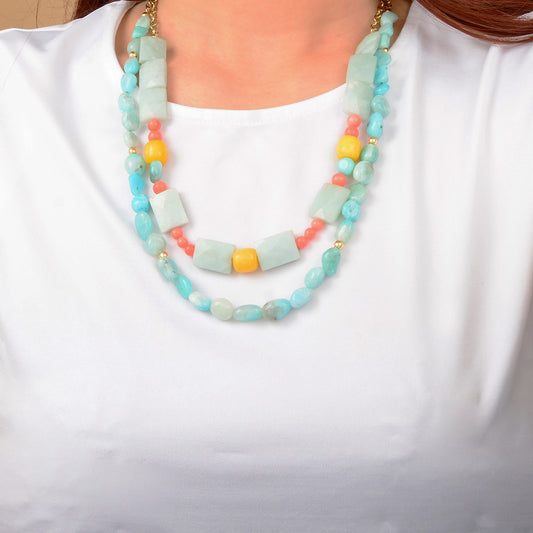 Colorful beaded necklace on a white background