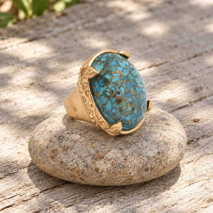 Oval Blue Turquoise Golden Statement Ring