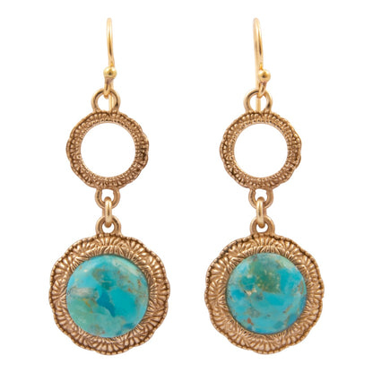 A pair of gold drop earrings featuring textured circular rings and oval turquoise stone pendants with a rustic, oxidized finish, shown on a plain white background.