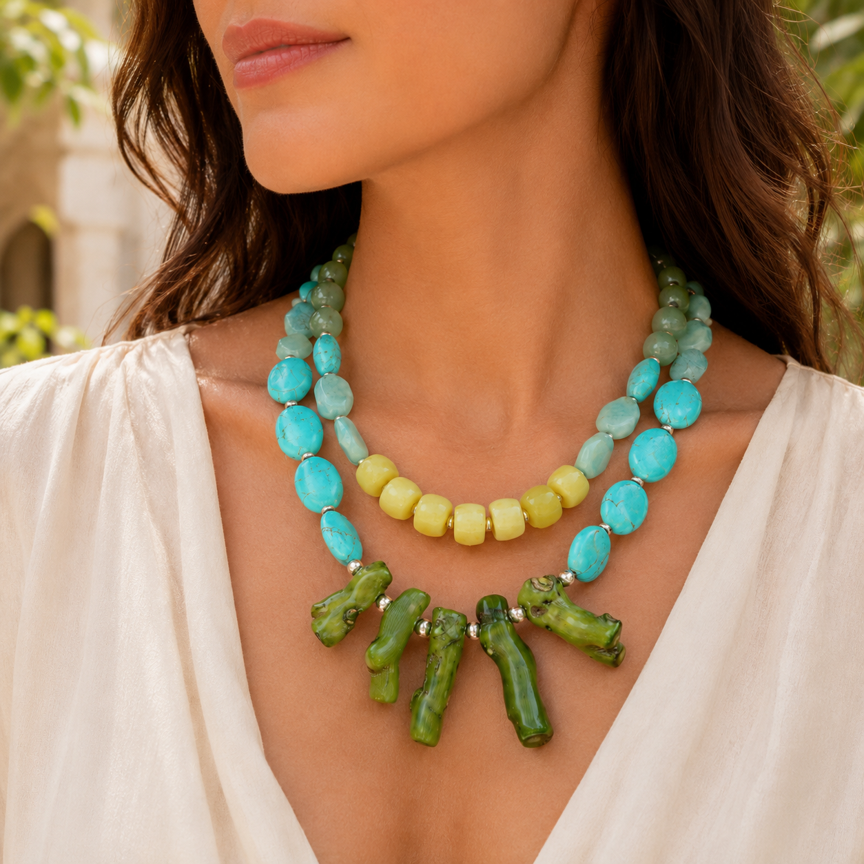 Coastal Grove Green Coral Golden Statement Necklace