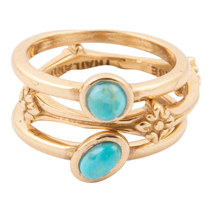 Floral Blue Turquoise Golden Stacking Ring Set