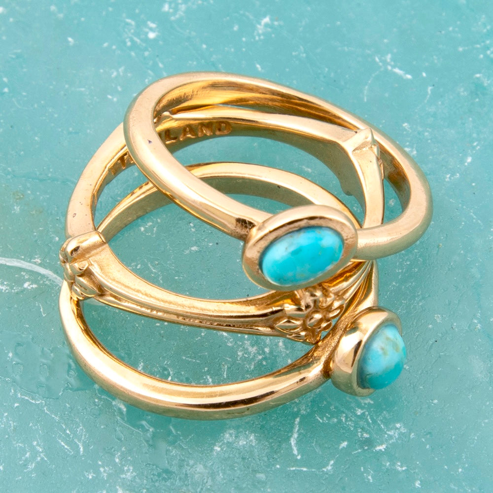 Floral Blue Turquoise Golden Stacking Ring Set