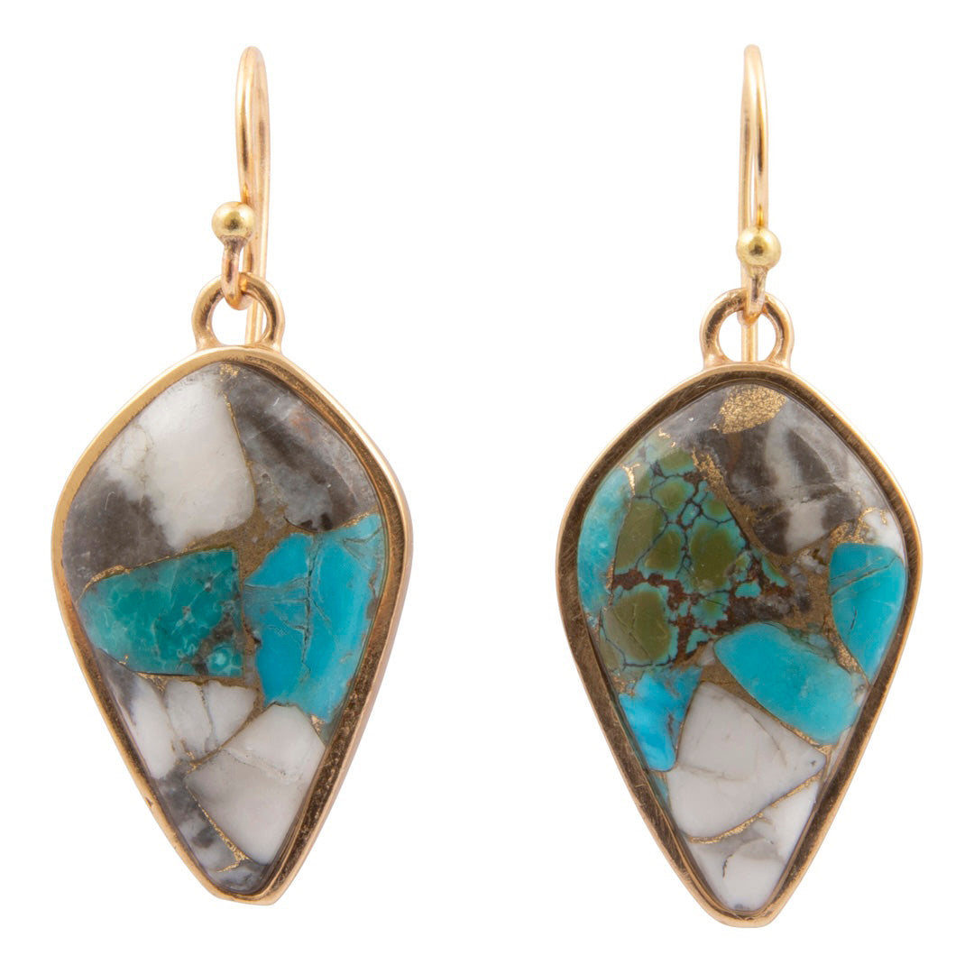 A pair of gold drop earrings featuring irregular teardrop-shaped turquoise stone inlays with white, gray, and brown marbled patterns, shown against a plain white background.