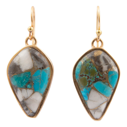 A pair of gold drop earrings featuring irregular teardrop-shaped turquoise stone inlays with white, gray, and brown marbled patterns, shown against a plain white background.