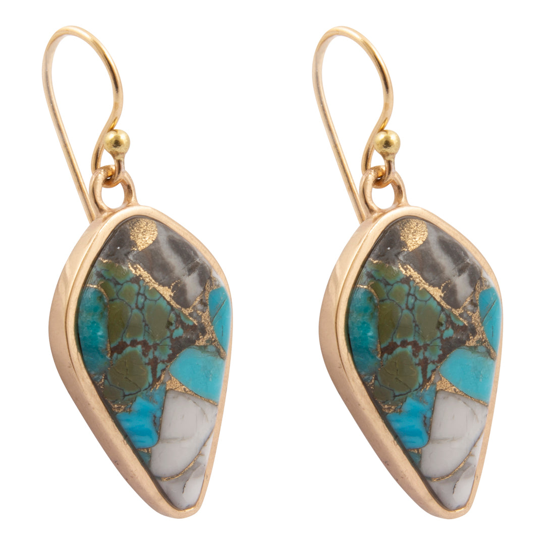 A pair of gold drop earrings featuring marquise-shaped turquoise stone inlays with natural brown, gray, and white matrix patterns, shown on a plain white background.