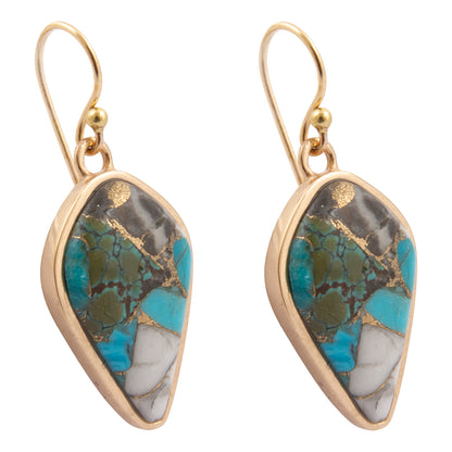 A pair of gold drop earrings featuring marquise-shaped turquoise stone inlays with natural brown, gray, and white matrix patterns, shown on a plain white background.