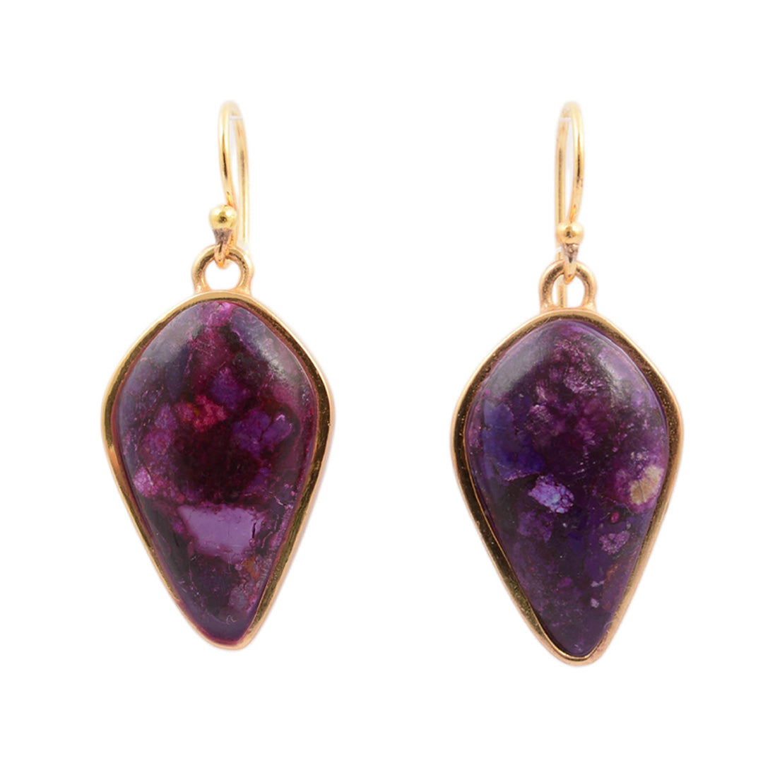 Pair of purple teardrop earrings with gold accents on a white background