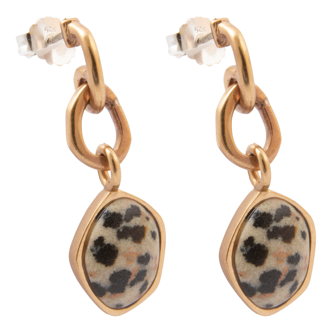 A pair of gold hoop earrings with oval links and dangling irregularly shaped beads featuring a black, brown, and beige leopard print pattern, shown on a plain white background.