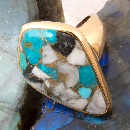 Earthbound Luxe Black Onyx and Blue Turquoise Golden Matrix Statement Ring