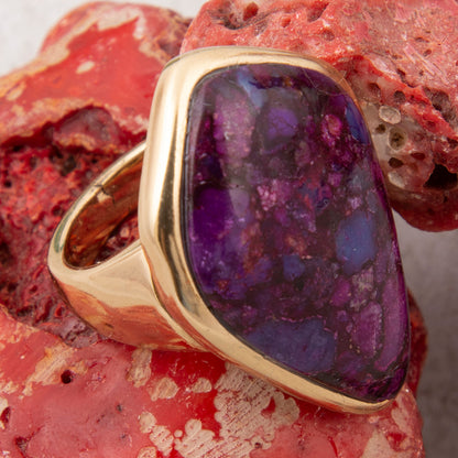 Gold ring with a purple gemstone on a red rock background