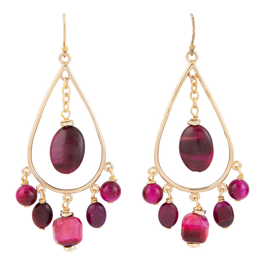 A pair of gold teardrop dangle earrings with oval and faceted magenta-purple beads, shown on a plain white background.