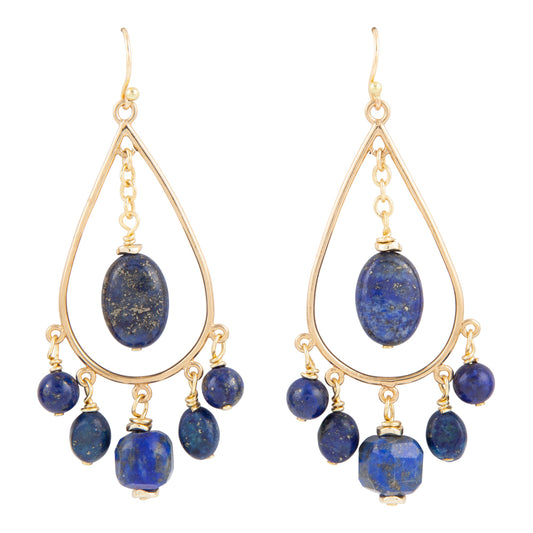 A pair of gold teardrop dangle earrings featuring oval and round lapis lazuli stones, shown against a plain white background.
