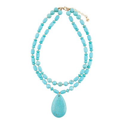 A double-strand turquoise beaded necklace with a large teardrop-shaped turquoise pendant, displayed on a clean white background.