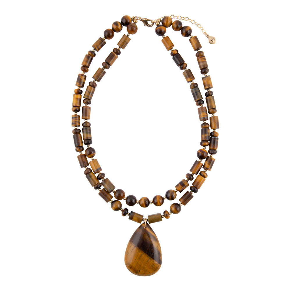 A double-strand beaded necklace made of brown and gold tiger's eye beads, featuring a large teardrop-shaped pendant with a matching tiger's eye pattern, shown on a plain white background.