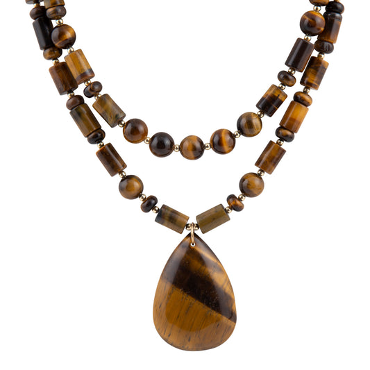 A double-strand beaded necklace made of polished tiger's eye beads in brown and black, featuring a large teardrop-shaped pendant with a matching tiger's eye pattern, set against a plain white background.
