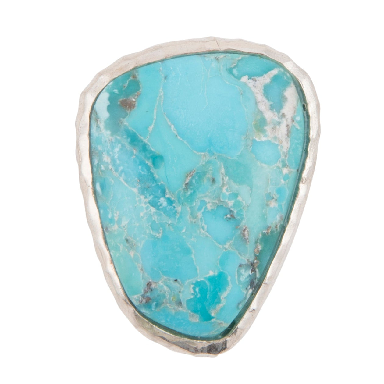 Turquoise stone with silver frame on a white background