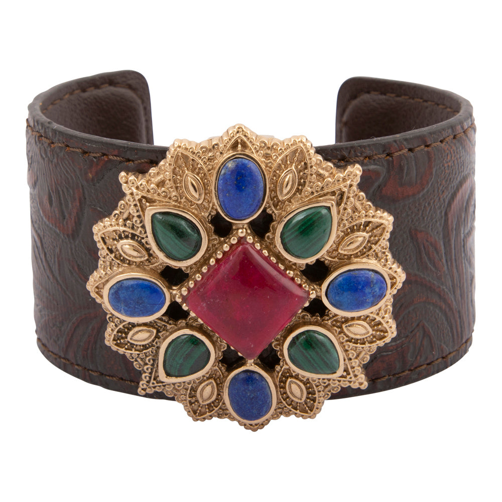 Luscious Jeweled Red Quartz Golden Cuff Leather Bracelet