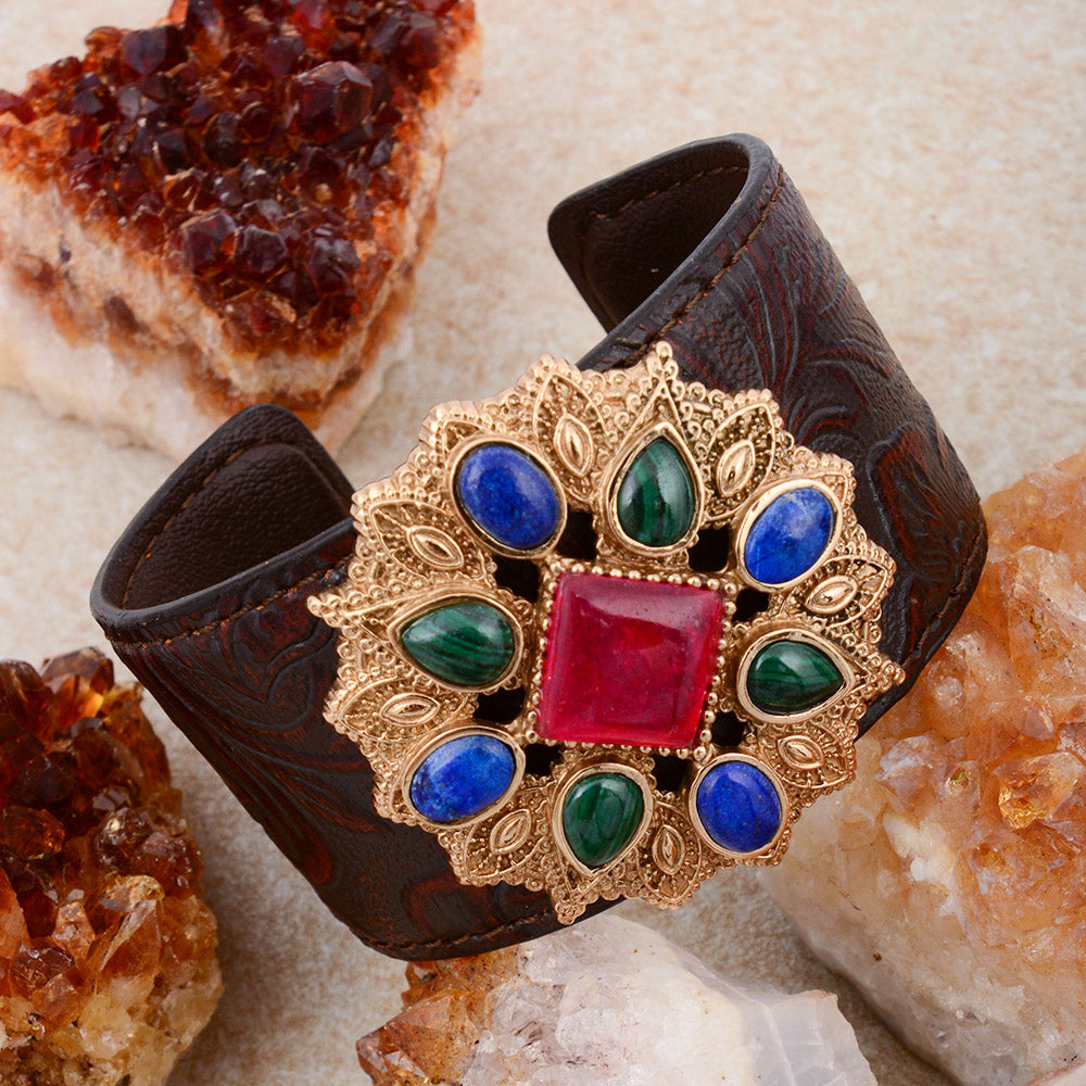 Luscious Jeweled Red Quartz Golden Cuff Leather Bracelet