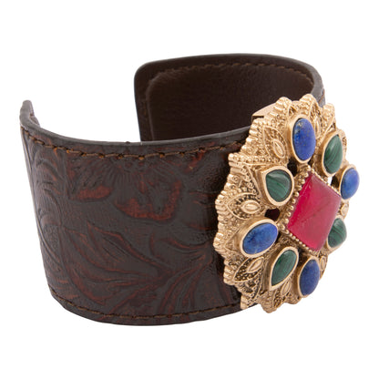 Luscious Jeweled Red Quartz Golden Cuff Leather Bracelet