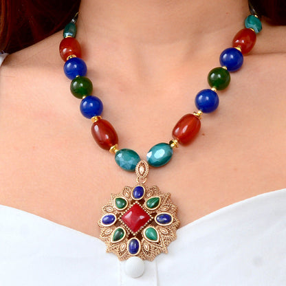 Luscious Jeweled Red Quartz Golden Pendant