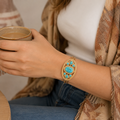 Desert Legacy Blue Turquoise Golden Statement Cuff Bracelet