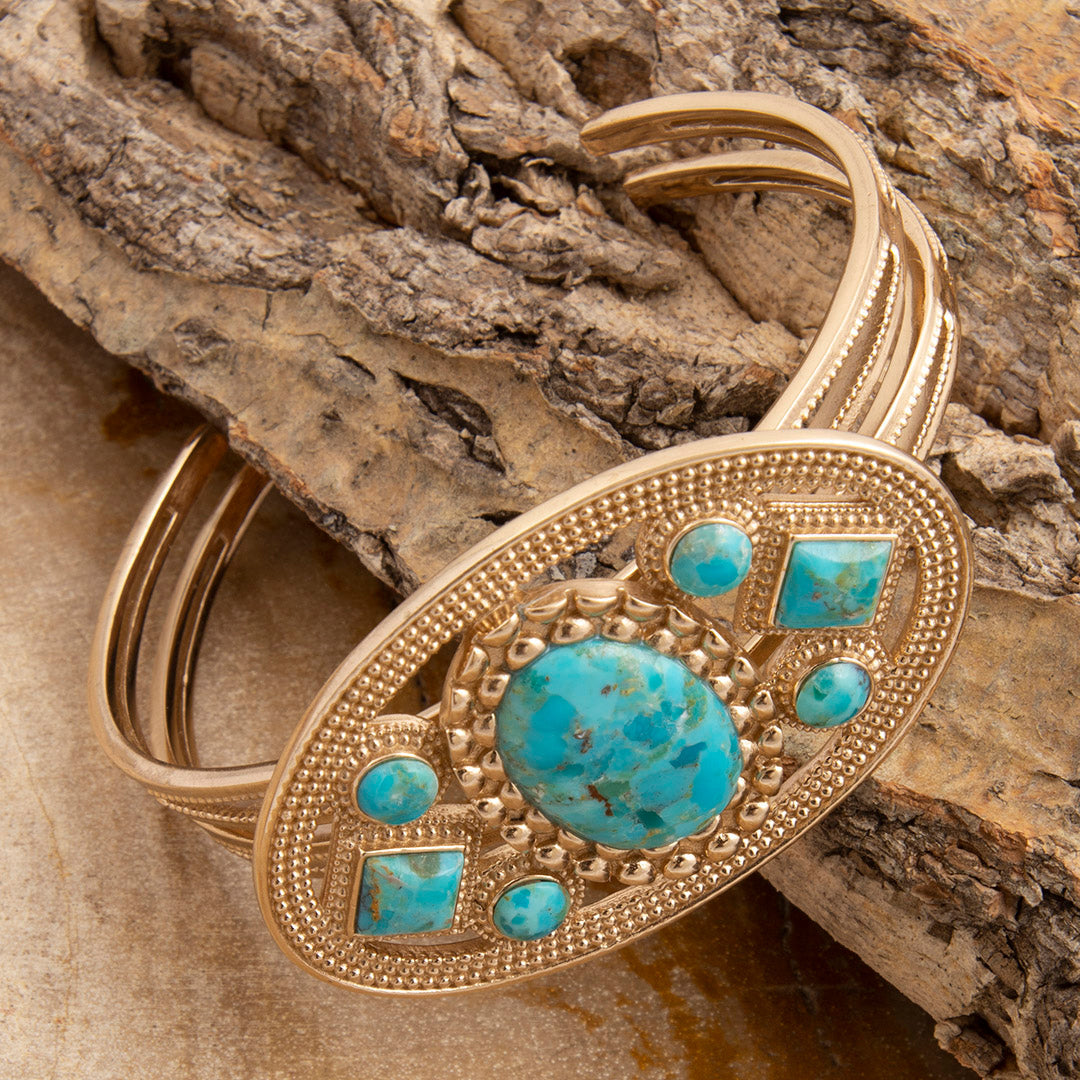 Desert Legacy Blue Turquoise Golden Statement Cuff Bracelet