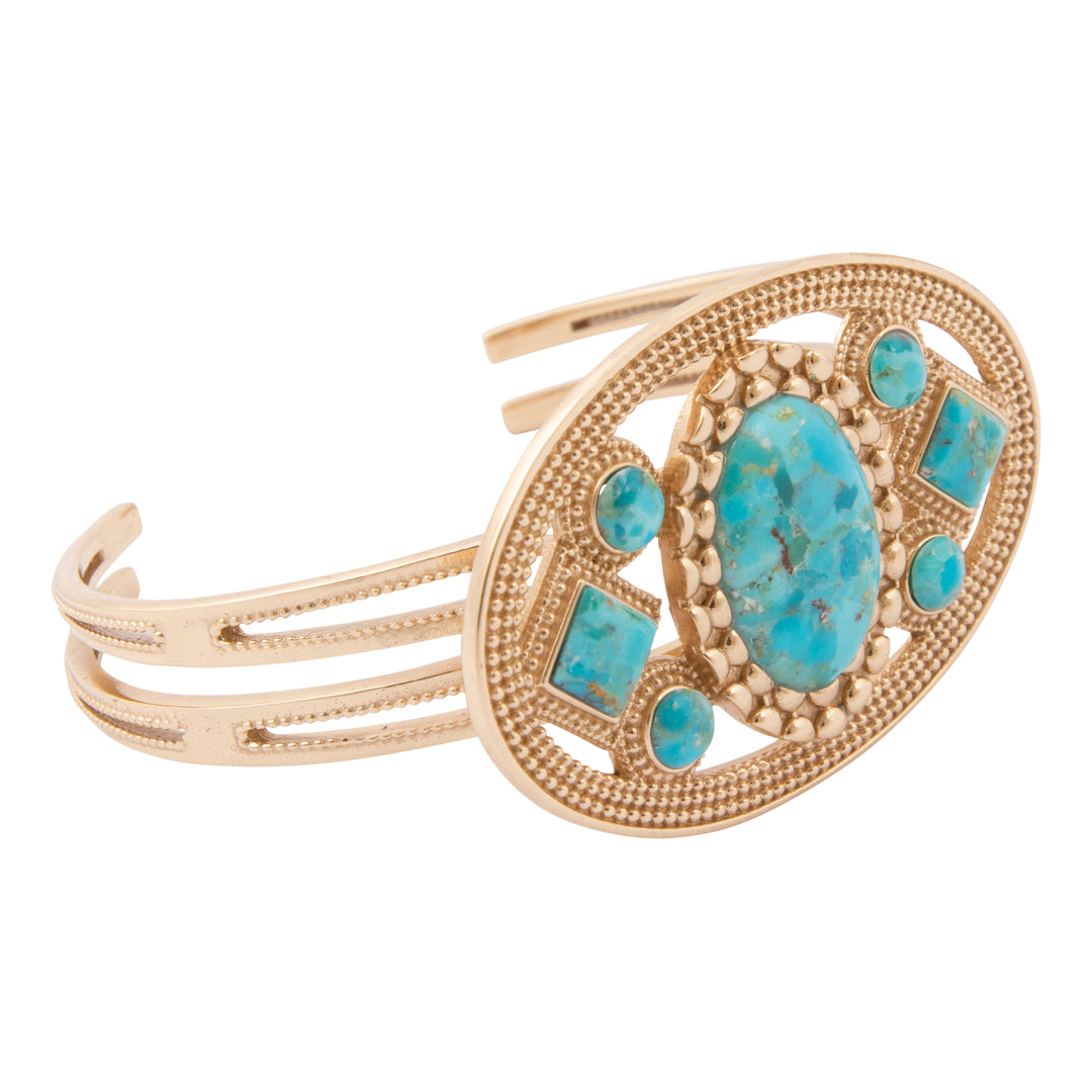 Desert Legacy Blue Turquoise Golden Statement Cuff Bracelet