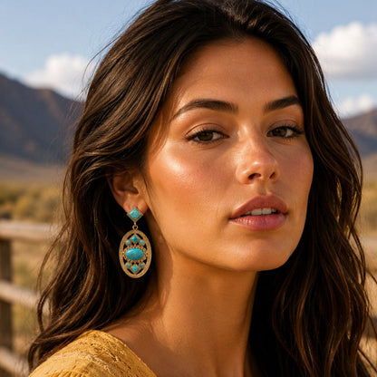 Woman wearing gold earrings with turquoise stones against a mountainous background