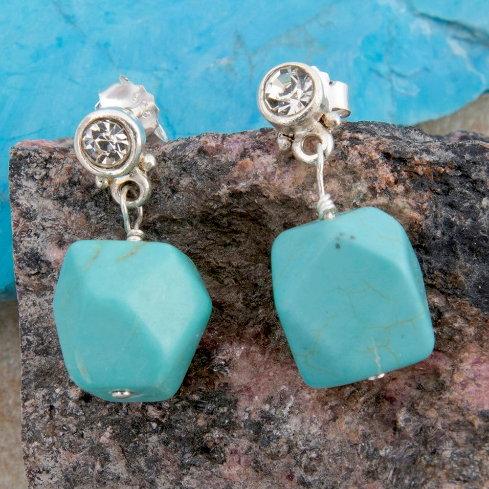 Sparkling Cubic Zirconia and Turquoise Nugget Sterling Silver Earrings