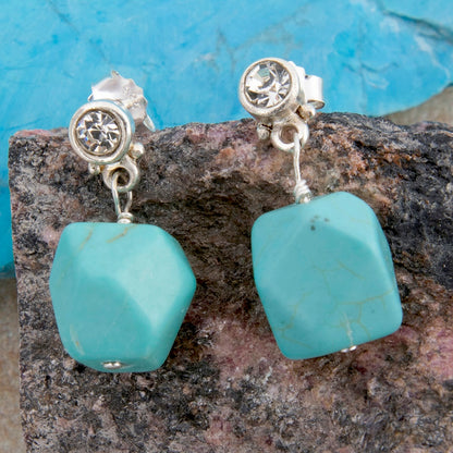 Sparkling Cubic Zirconia and Turquoise Nugget Sterling Silver Earrings