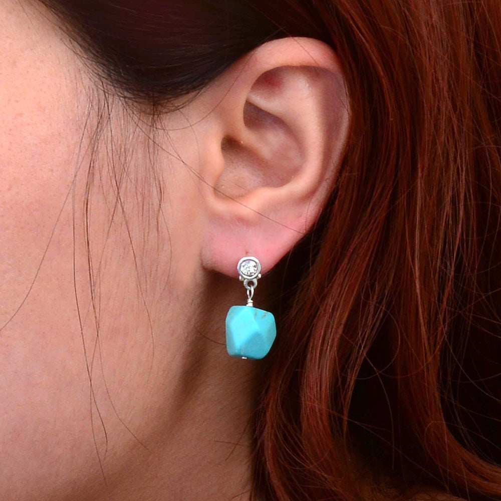 Sparkling Cubic Zirconia and Turquoise Nugget Sterling Silver Earrings