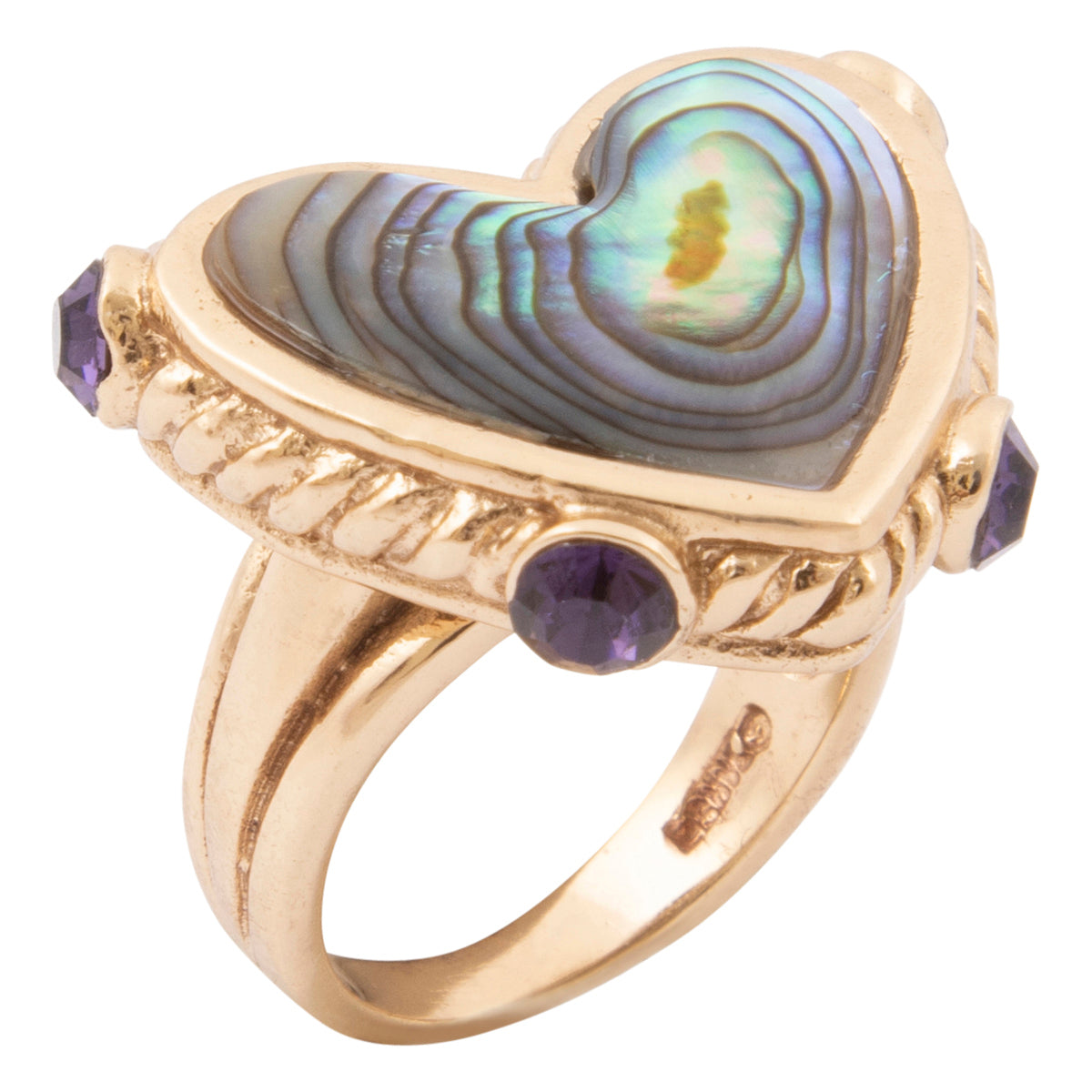 Purple Amethyst and Abalone Golden Heart Ring
