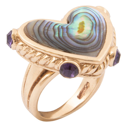 Purple Amethyst and Abalone Golden Heart Ring
