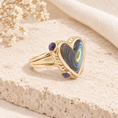 Purple Amethyst and Abalone Golden Heart Ring