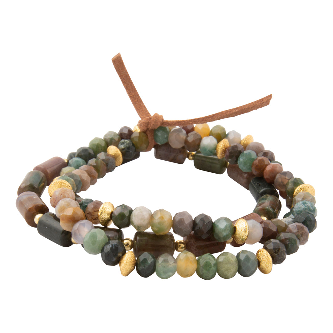 Side view of the Barse Verdant Glow green agate bracelet set and vegan leather tie.