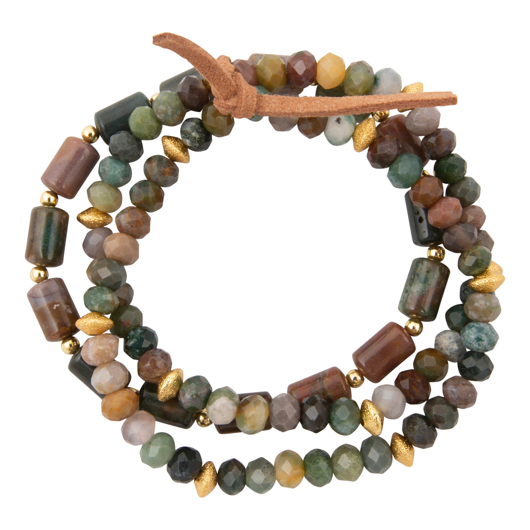 Barse Verdant Glow green agate bracelet set with gold-tone accents and vegan leather tie on white.