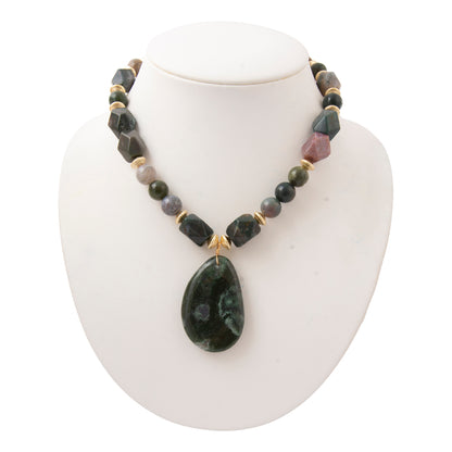 Verdant Glow Green Agate Pendant Golden Statement Necklace