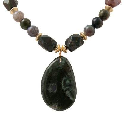 Barse Verdant Glow necklace with green agate pendant, multi-hued agate beads, and gold-tone accents on white.