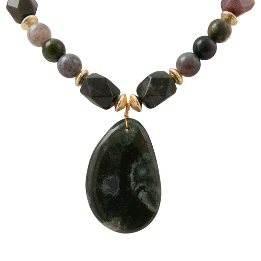Barse Verdant Glow necklace with green agate pendant, multi-hued agate beads, and gold-tone accents on white.