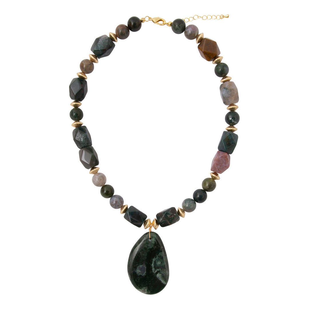 Verdant Glow Green Agate Pendant Golden Statement Necklace