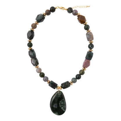 Verdant Glow Green Agate Pendant Golden Statement Necklace