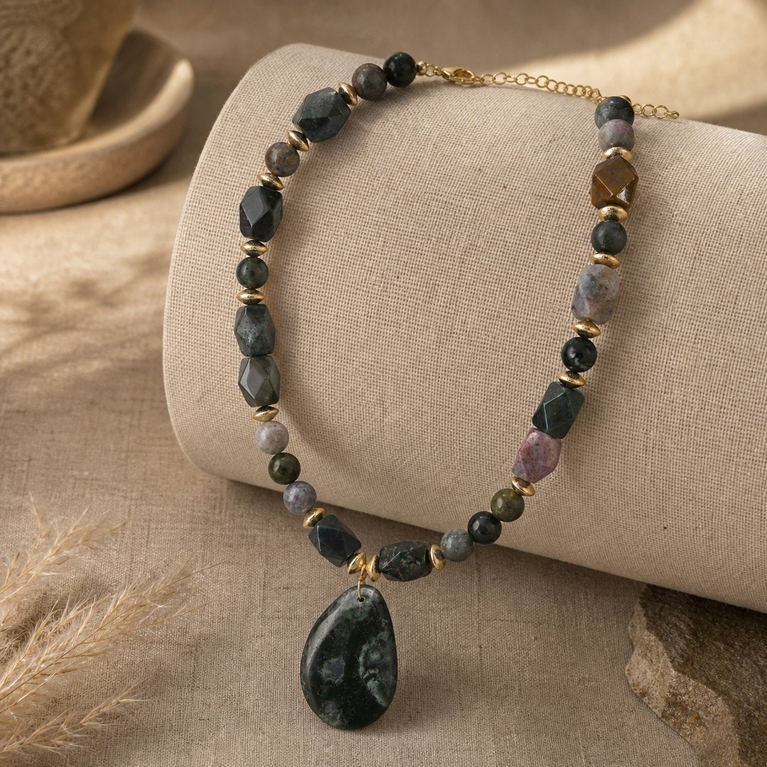 Verdant Glow Green Agate Pendant Golden Statement Necklace