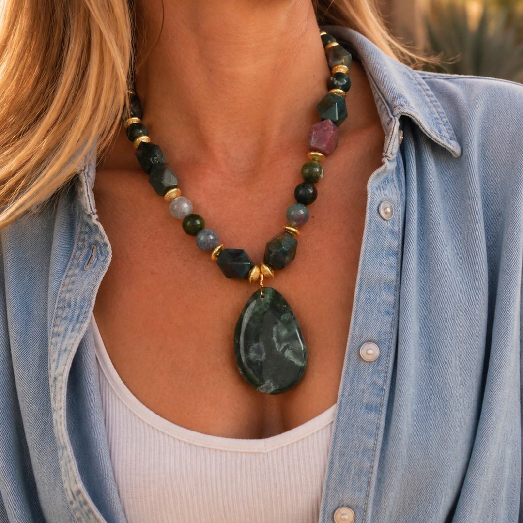 Verdant Glow Green Agate Pendant Golden Statement Necklace