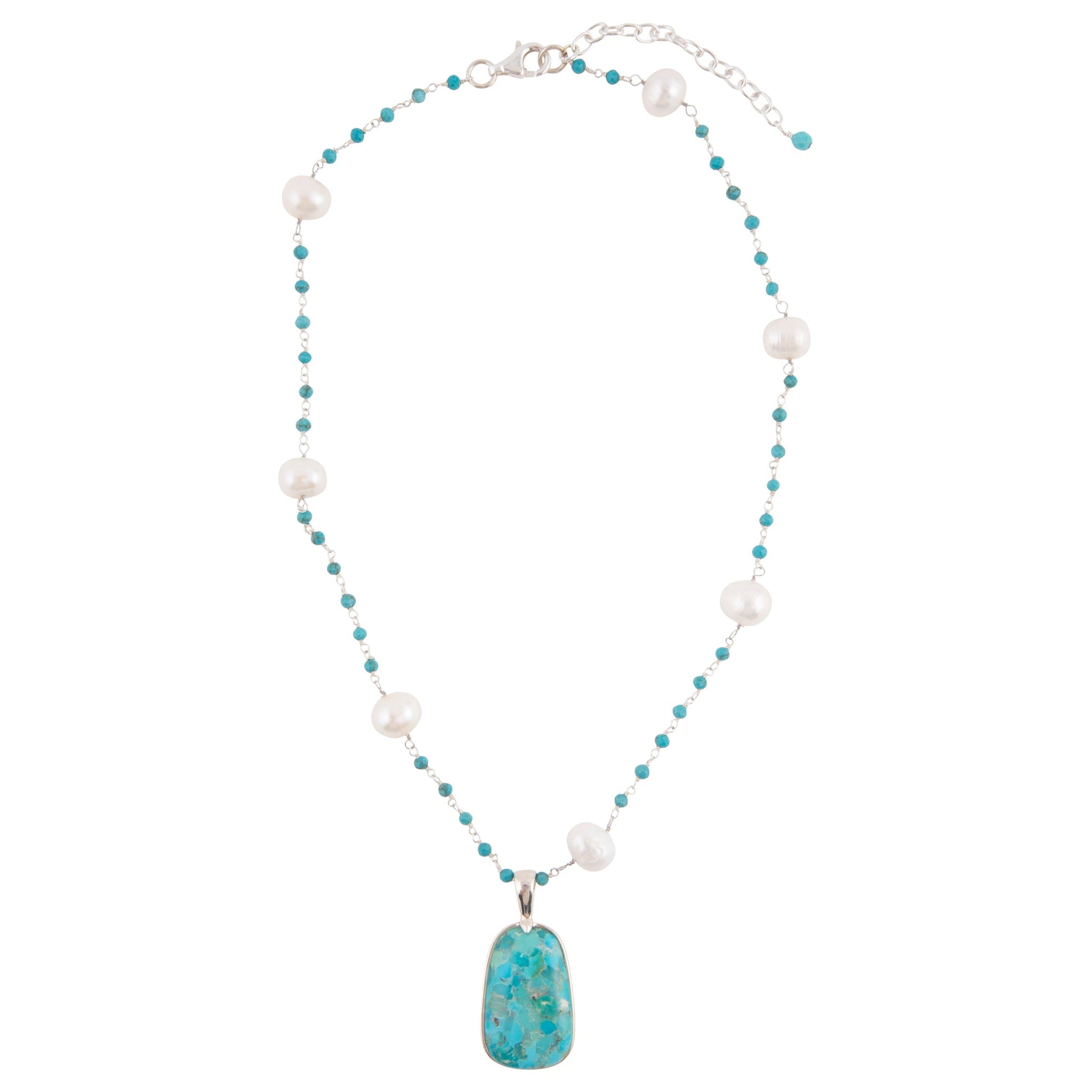 Necklace with pearls and a turquoise pendant on a white background