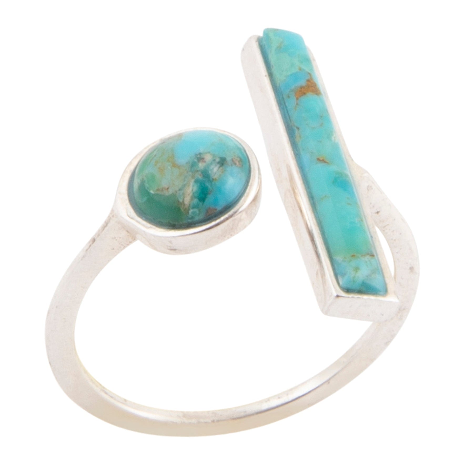 Turquoise stone ring with silver band on a white background